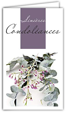 AFIE 24-1033 Carte Sincères Condoléances Format 16x9,5cm avec Enveloppe Blanche Branche Arbre Eucalyptus Gunnii A Feuilles Rondes Fleurs Séchées Violettes Mauves - Fabriquée en France