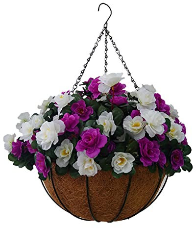 Indoors and Outdoor DIY Lila-Weiß Rhododendron Künstliche Blumen Azaleen Kette Hängekorb mit Blumentopf (mittelgroßer Korb)
