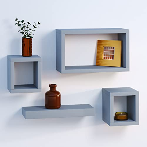 URBNLIVING Set Of 4 Wall Hanging Wooden Floating Cube Shelves (Cool Grey)