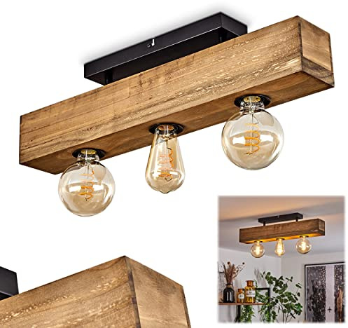 HOFSTEIN Deckenleuchte Berat, Deckenlampe aus Metall/Holz in Schwarz/Naturfarben, moderne Leuchte im Retro/Vintage-Design mit Holzbalken, 3 x E27, Esszimmer, Schlafzimmer, Wohnzimmer, Küche