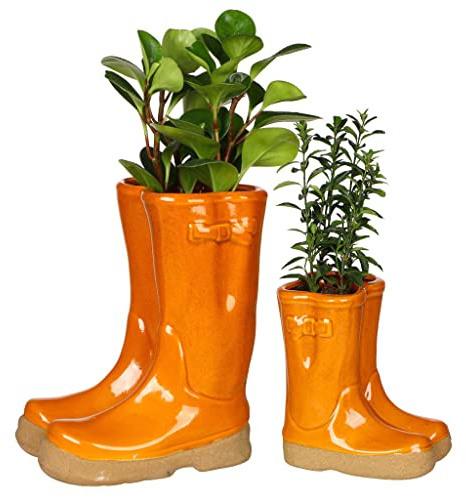 Dibor Set of 2 Flower Pot Planters - Small & Large Wellington Boot (Orange) | Ceramic, Wellington Boot Planter, Plant Pot, Flower Pot, Planter, Drainage Hole, Removable Stopper