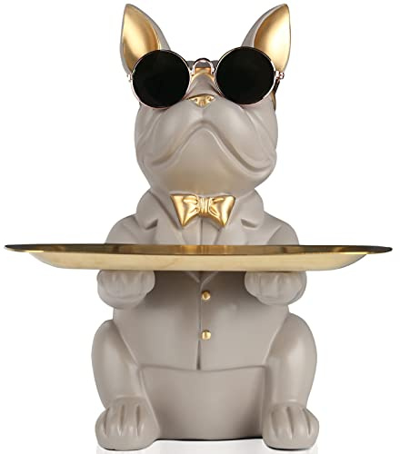 Modern Decor - Bandeja de resina gris con diseño de bulldog, bandeja de almacenamiento para llaves, caramelos, joyas, aretes, bandeja adecuada para decoración del hogar, arte moderno, decoración de