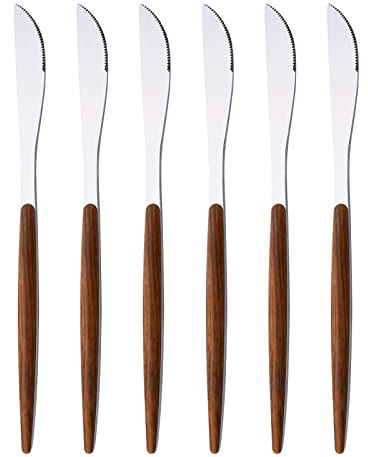 Uniturcky 6 PCS Silver Steak Knife With Wooden Effect Handle, Stainless Steel Dinner Knife Set for 6, Mirror Polished Table Knives Set for Home Hotel Restaurant, Easy To Clean