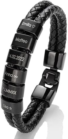 MYCLUSIV® Lederarmband Herren mit Gravur – Personalisiertes Männerarmband mit Namen – Geschenk für Papa – Aus schwarzem Echtleder