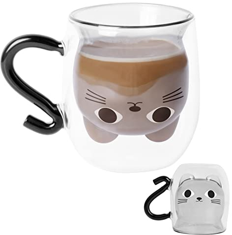 Pinsheng Süße Katzentassen mit Griff Katzentee Kaffeetasse Süße Tiertasse Doppelwandige Katze Becher Kaffeetasse Teetasse für Home Office Geburtstagsgeschenk Valentinstag Katzenliebhaber