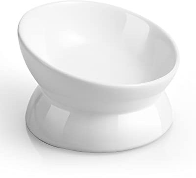 LoeJan Elevated Cat Food Bowl, 5 Oz Ceramic Raised and Tilted Pet Water Bowl, Anti Vomiting and Protect Pets' Spines Cat Dishes for Small Dog, Fat Faced Cat, Kitten (White, 1 Pack)