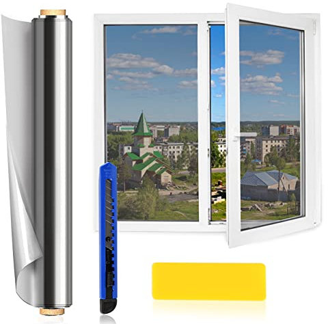 EXLECO 90 x 400cm Spiegelfolie Selbstklebend Fensterfolie Sichtschutz Selbsthaftend Sonnenschutzfolie wärmeisolierende Klebefolie Rückstandslose Fenster UV-Schutz Folie Blickdicht Außen Silber