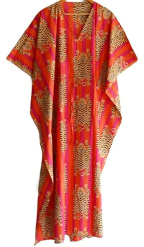 INDACORIFIE indisk handgjord kaftanklänning med tigertryck, lång topp, kaftan, strandklänning, tiger-handblockstryck, nattkläder, maxiklänning,
