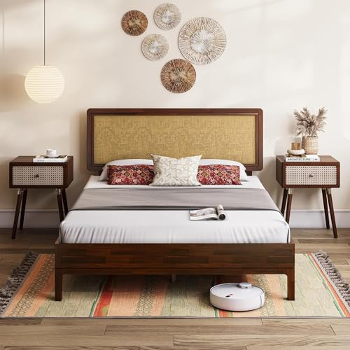 Bme Nipe Full 14 Inch Bohemian Bed Frame with Adjustable Wicker Headboard - Rustic & Vintage Unique Style with Acacia Wood - No Box Spring Needed - Easy Assembly - Walnut
