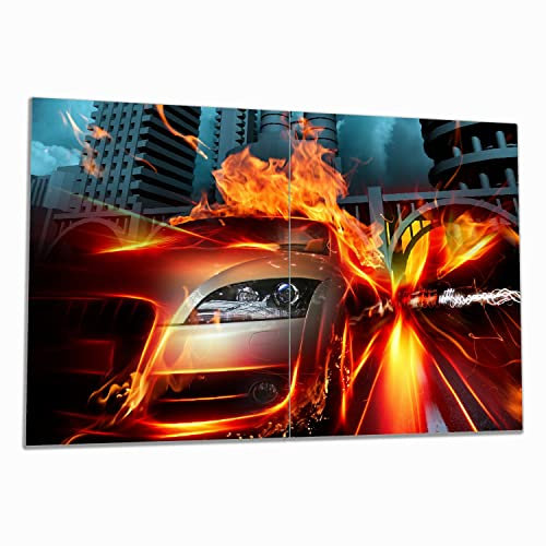 Wallario Herdabdeckplatte/Spritzschutz aus Glas, 2-teilig, 80x52cm mit 13 mm hohen Füßen, für Ceran- und Induktionsherde, Brennendes fahrendes Auto