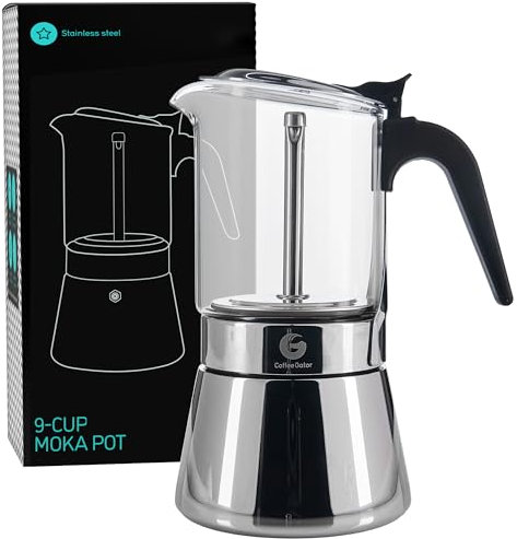 Coffee Gator 9 Cup Moka Pot, 450ml Stovetop Espresso Maker, Transparent Glass & Stainless Steel Design, Silver