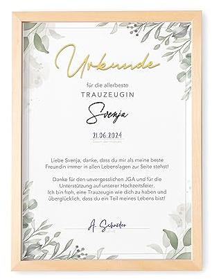 DEL MÀ Unique & Personal Trauzeugin Geschenk Danke personalisierte Urkunde für die beste Trauzeugin Dankeschön Trauzeugen Fragen (Din A4 mit Echtholzrahmen)