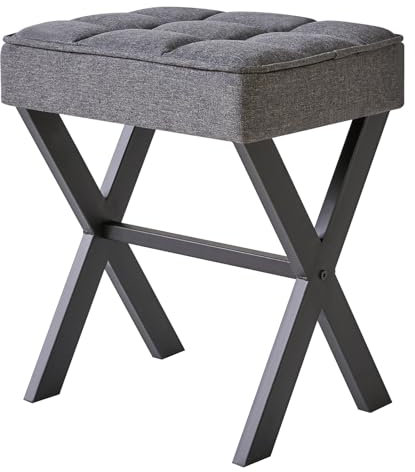 IBUYKE Taburete de maquillaje cuadrado con reposapiés en X, taburete de lino, taburete de tocador con asiento otomano, multiusos como mesa auxiliar pequeña, para dormitorio, sala de estar, gris oscuro