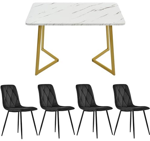 KUAKE Essgruppet,117×68cm Esstisch mit 4 Stühlen, Rechteckiger Esstisch Moderner Küchentisch Set,Esszimmerstuhl Twill Samt Küchenstuhl,Golden Tischbeine (Schwarz)