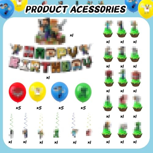 47stk Geburtstagsdeko Jungen Mädchen 2-12 Jahre Miner Gamer Luftballons Geburtstag Deko Set Miner Gamer Geburtstag Tortendeko Happy Birthday Girlande Kuchen Muffin Topper Kindergeburtstag Party Deko