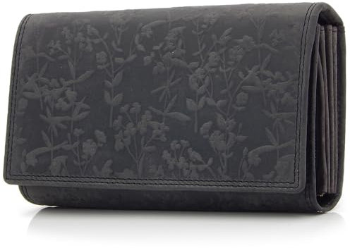 ekavale Portemonnee für Damen mit Blüten Muster RFID-Schutz, Leder Geldbörse Langformat mit Druckknopf (Schwarz)