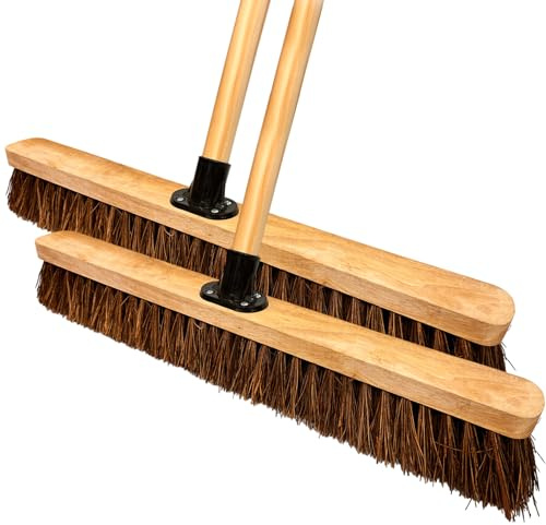 LSC 24” Broom Outdoor Yard Broom Stiff Sweeping Brush with Wooden Handle Natural Bassine Hard Bristles Garden Brooms for Cleaning Gardens Yards Driveways Warehouse (PACK OF 2)