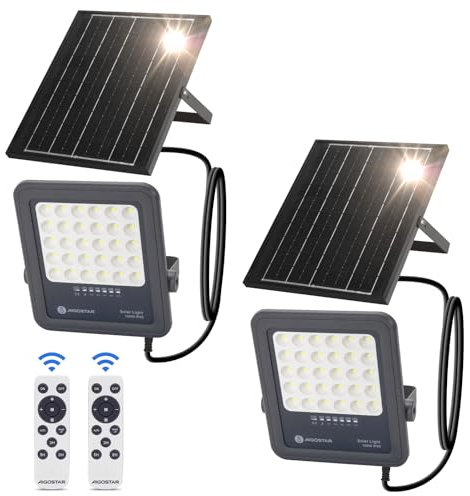 Aigostar Foco proyector LED solar con control remoto,Focos solare de 100W,1000LM,luz blanca fría de 6500K,IP65 impermeable Luz solar exterior,para jardín,terrazas,garajes,cable de 2M,Paquete de 2