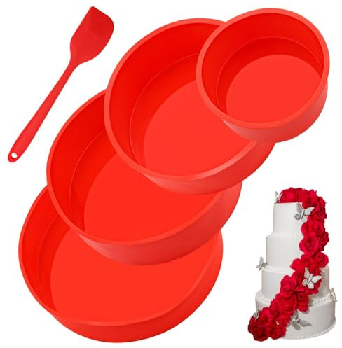 Backform Silikon Kuchenform Set Tortenform Rund BPA-frei Backformen Schichtkuchen Silikonform mit Silikonspatel Antihaft Rund Kuchenbacken Form für Schichtkuchen, stagsfeier kuchen, 4 Stk 4/6/8/10zoll