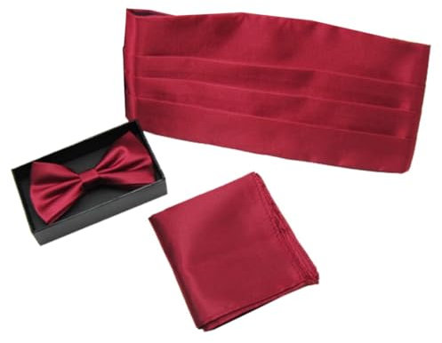3-teiliges modisches Smokingzubehör für Herren: einfarbige Fliege, Einstecktuch, Kummerbund-Set – klassisch und stilvoll, rot, rot, 29