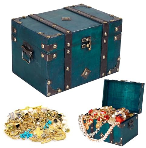 RAKUTE Piraten-Schatztruhe aus Holz, groß, Vintage-Schatzkiste, handgefertigt, dekorative Holz-Aufbewahrungsbox für Schmuck, Spielzeug, Organizer, Halloween, Weihnachtsgeschenke (21,8 x 15 x 13,5 cm)