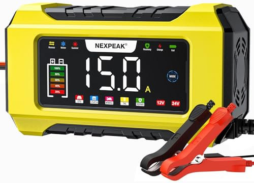 NEXPEAK NC215 15A Autobatterie Ladegerät, 12V 24V LiFePO4 Blei-Säure Tragbares Autobatterieladegerät 9-stufiges Intelligentes Batterieladegerät für Auto, LKW, Motorrad, Rasenmäher, Boot, Marine