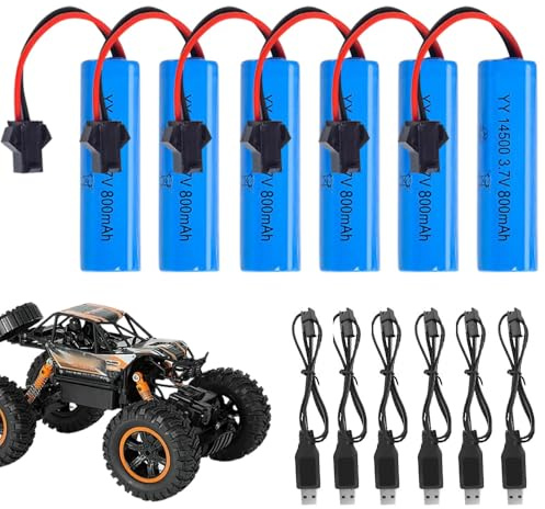 LYPPUL 3.7 Volt RC Akku, 6 Stück 3.7v Li-ion Akku, 800mah Li-Ion Battery mit 6 SM-2P-Steckern und USB-Ladegerät, Wiederaufladbare RC Batterie für Ferngesteuertes Auto, Boote, Panzer, Autos