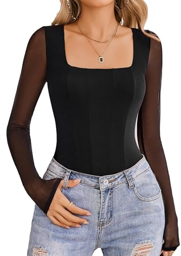 Avidlove Women's Long Sleeve Bodysuits Square Neck One Piece Body Suit Mesh Leotard Tops Double Lined Soft (Black, XS)