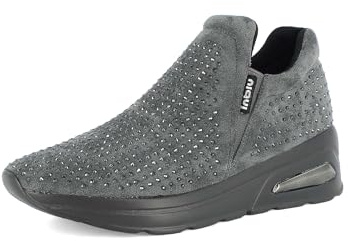inblu Sneakers Donna Nere Slip On con Inserto Elastico e Strass, Scarpe da Ginnastica, Grigio, 39 EU