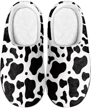 Suhoaziia Warme Hausschuhe für Damen und Herren, rutschfest, weich, flauschig, flach, für drinnen und draußen, Frottee-Schuhe, Kuhfell-Aufdruck, 40/43 EU