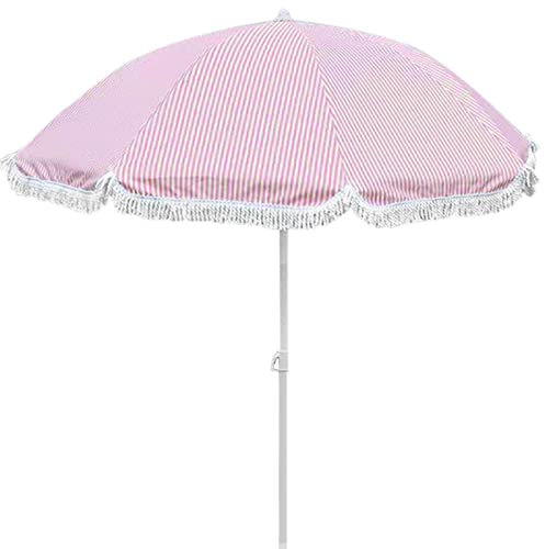 Parasol de plage rétro à rayures roses de 2 m avec motif à franges élégant et résistant à l'usure en polyester pour protection solaire dans la cour et la piscine, rose