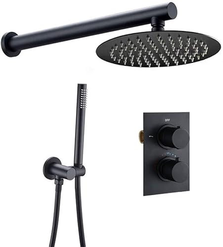 VNNHGB Messing-Badezimmer-Duschset, Regenduschen-Wasserhahn, Mattschwarz, Thermostatventil, Duschsystem, Wandmontage, 8-12 Zoll Duschkopf, 8 Zoll rundes Ventil