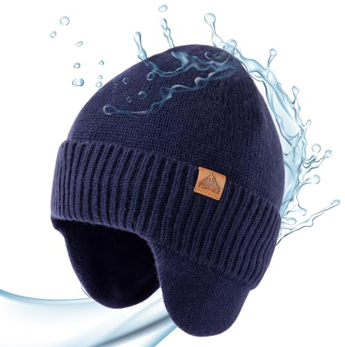 TOP-EX DryKnit™ Waterproof Merino Wool Beanie with Ear Flaps | Roomy comfortable fit with soft fleece interior for skiing, hiking, commuting and everyday cold-weather wear.