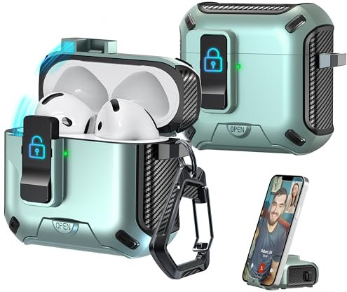 R-fun compatibile con AirPods 4a generazione 2024 Custodie per cuffie, design di copertura protettiva con espulsione automatica completamente a prova di caduta,Nero+Verde mela