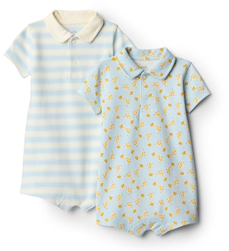Amazon Essentials x Sofia Grainge Pelele de Algodón de Manga Corta de Estilo Polo Bebé-Niños, Pack de 2, Jirafa/Rayas, 0 meses