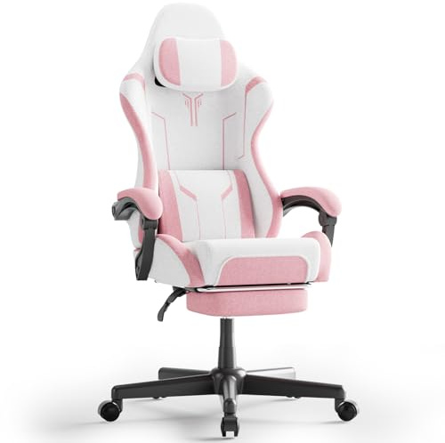 Kidsgigglz Gaming Stuhl mit Lendenkissen, Atmungsaktiver Hochwertiger Stoff & PU-Leder, Ergonomischer Bürostuhl, PC-Stuhl Verstellbare Rückenlehne, Robustes Gaming Sessel Ausziehbare Fußstütze, Rosa