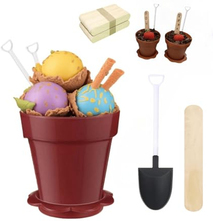 KKpxafl 20 Set Plastic Dessert Cups with Shovel Spoons and Natural Wooden Labels, Mini Flowerpot Cake Desserts Cups for Party,baby shower,DIY Baking, Pudding and Ice Cream (Reusable)