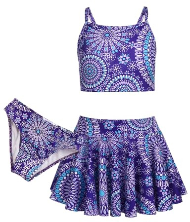 Arshiner Flicka bikiniset 3-pack sommar baddräkter barn tredelad tankini med kjol blomtryck badmode bikinis för flickor 5–15 år, violett, 14-15 år