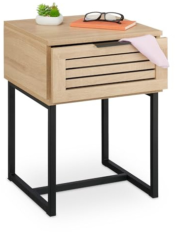 Relaxdays Nachttisch mit Schublade, HBT: 55,5 x 40 x 41,5 cm, Holzoptik, Metall, Nachtkasten Schlafzimmer, Natur/schwarz