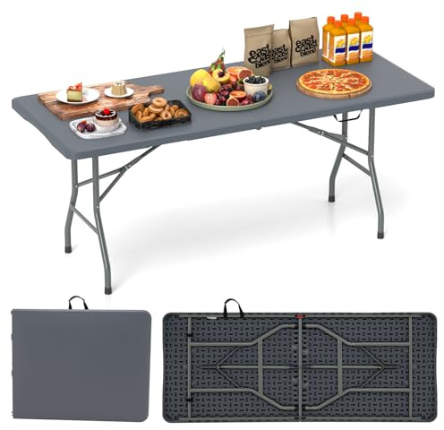 GYMAX Table Pliante Portable, Plateau Spacieux 180 x 74 cm, avec Poignée de Transport, pour Intérieur, Extérieur, Camping, Pique-Nique, Barbecue, Réunion Fête (Gris)