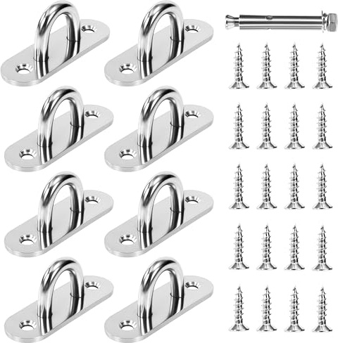Tunejoy Placas Oculares de Acero Inoxidable 8 Piezas Ganchos de Techo M8 para Montaje en Pared con Tornillos para Colgar Hamacas Sillas Colgantes y Equipos de Yoga 8x2,6x3,5 cm Oval
