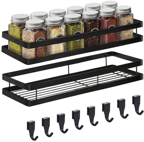 Auciej Gewürzregal Ohne Bohren Küchenregal wand Gewürzregal Hängend Metall 2 Etagen mit 8 Abnehmbaren Haken Duschablage für Küche Badezimmer Balkon 35 x 12 x 5,7 cm, Schwarz