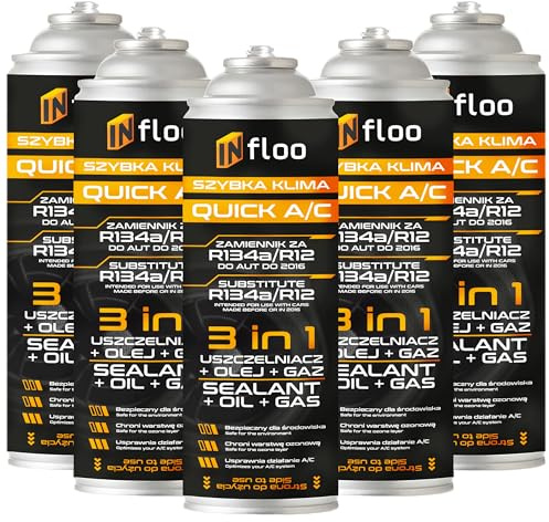 INfloo Quick A/C 5x R134a 3-in-1 – Kältemittel + Öl + Dichtmittel | 5x185g (1,73 L) mit Rückschlagventil | Für Fahrzeuge bis 2016 | Ersatz für R134a | Handschuhe