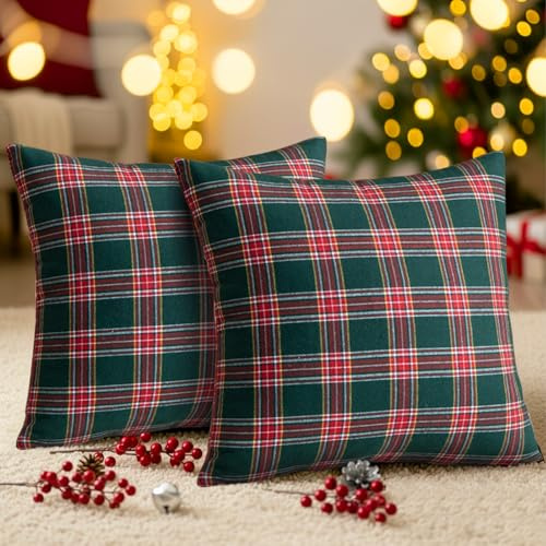 PLODAXE Kissenbezug Weihnachten 45x45cm, 2er Set Kariert Weihnachtskissenbezüge, Dekorative Weihnachten Kissenhüllen Plaid, für Sofa Schlafzimmer Wohnzimmer Auto Xmas Deko (Rot und Grün)