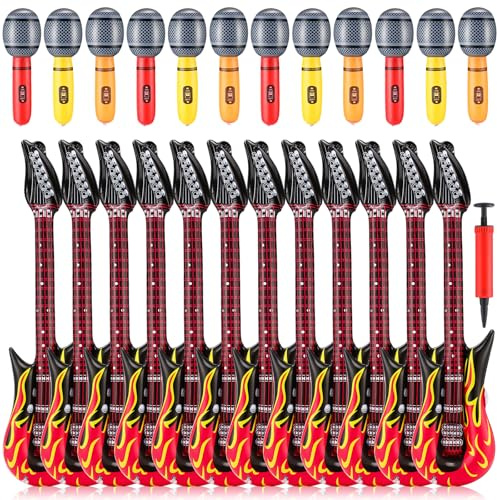 Gemscream 25 Pcs Inflatable Guitar for Parties Set 12 Pcs 35 Inch Red Color Hot Fiery Flame Rock Blow Guitars 12 Inflatable Microphone Shaped with a Pump for 80s 90s Party Carnival Decorations