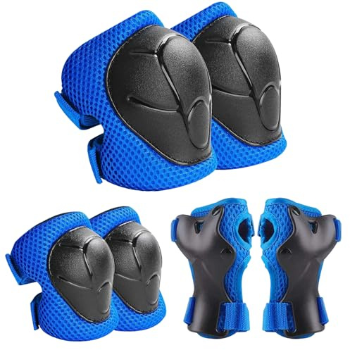 Zorplex Knäskyddsset för barn, 6 i 1 professionellt inline-skydd för barn, knäskydd, armbågsskydd, handledsskydds, barnskyddsutrustning för skateboard, rullskridskoåkning, utomhussporter (Blå)