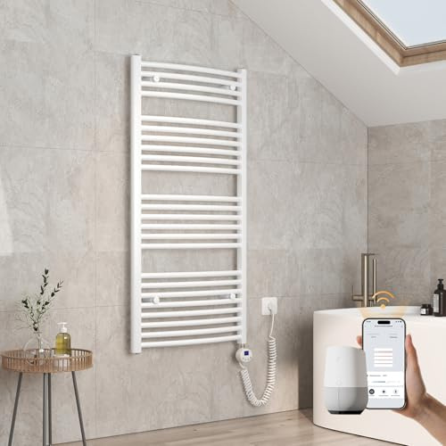 EMKE Gebogen Badheizkörper Elektrisch 1200x600 mm - WiFi Handtuchheizkörper Elektrisch, Elektrischer Handtuchwärmer Handtuchtrockner Handtuch Heizkörper Bad mit Thermostat und Heizstab - 600W, Weiß