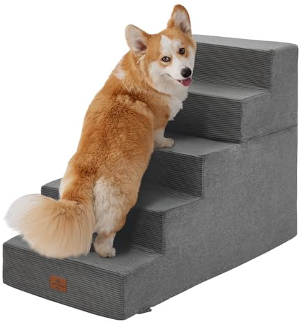 Joydeco Dog Stairs for Bed 25 H, 5-Step Pet Steps for Small Dogs and Cats, Dog Steps for High Bed, Non-Slip Balanced Ramp Indoor Pet Stairs, Gray