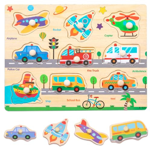 THQAE Steckspiel ab 1-3 Jahre, Ideales Holzpuzzle für Kindergeschenke, Holzspielzeug bestehend aus Puzzles mit Transport, Montessori Spielzeug, Steckpuzzle für Jungen und Mädchen(Transport)