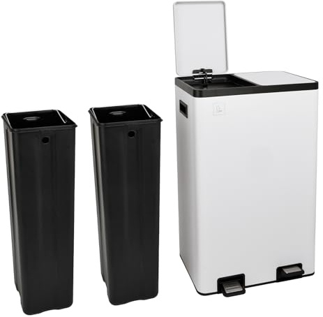 SVITA TMH2X30 Mülleimer 60L Mülltrennsystem 2 Fächer 2x15L Softclose-Deckel Pedal versteckbar Kunststoff Inneneimer | Pulverbeschichteter Stahl Weiß